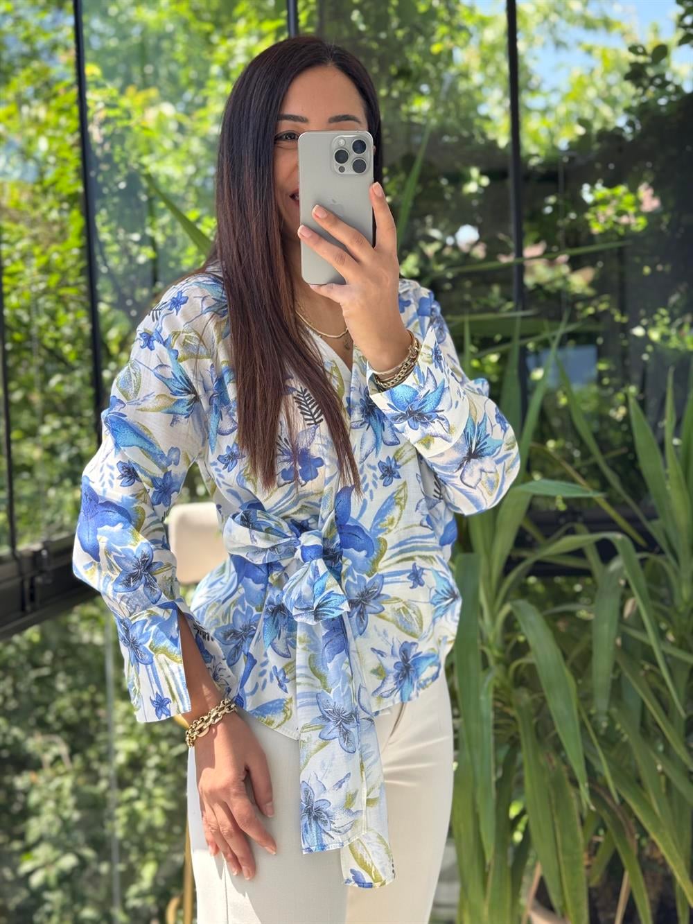 Çiçekli Kruvaze Bluz Mavi