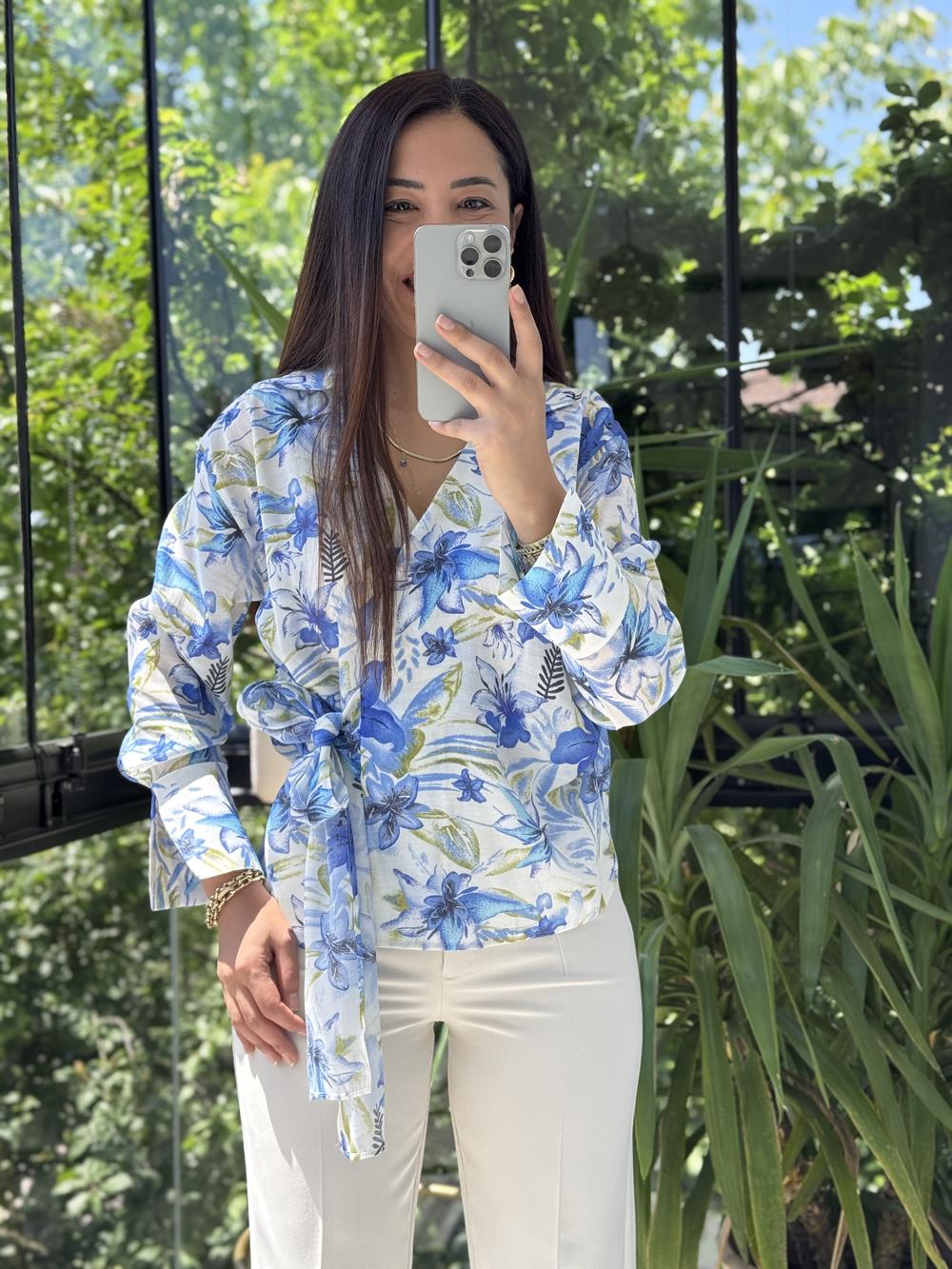 Çiçekli Kruvaze Bluz Mavi