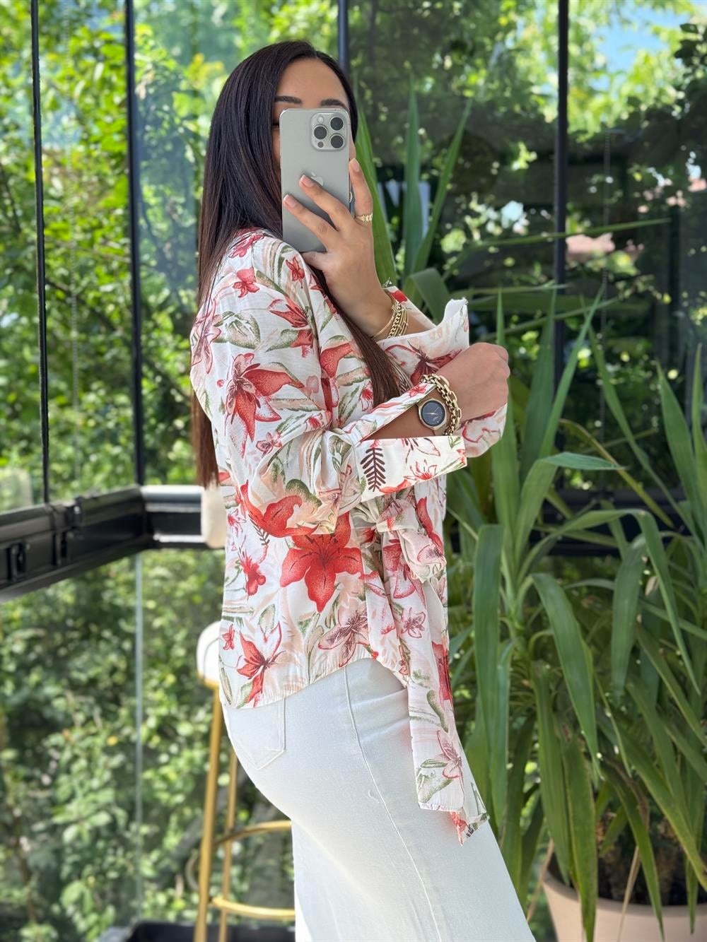 Çiçekli Kruvaze Bluz Mercan