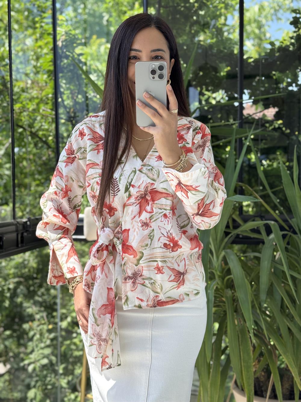 Çiçekli Kruvaze Bluz Mercan