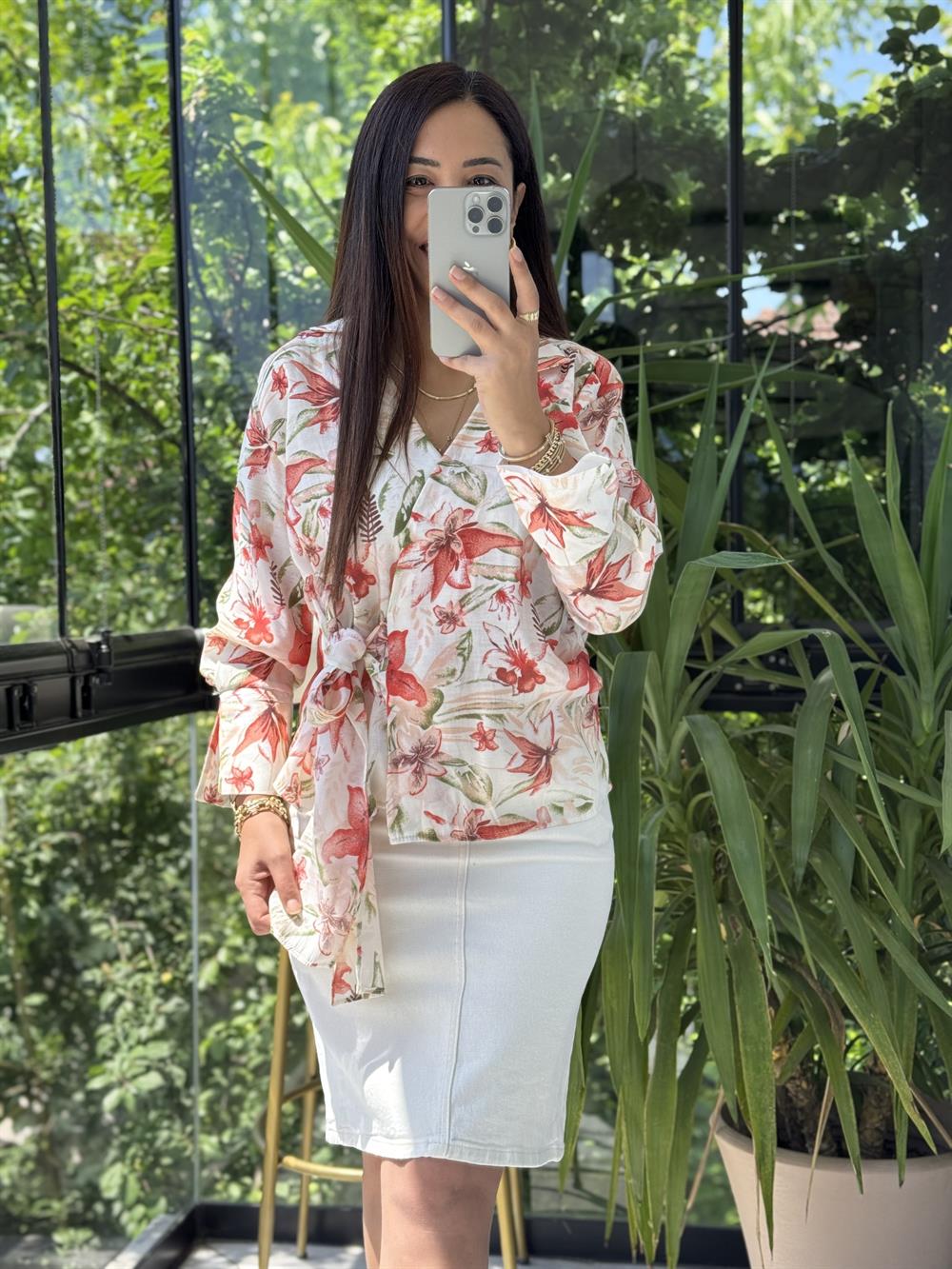 Çiçekli Kruvaze Bluz Mercan