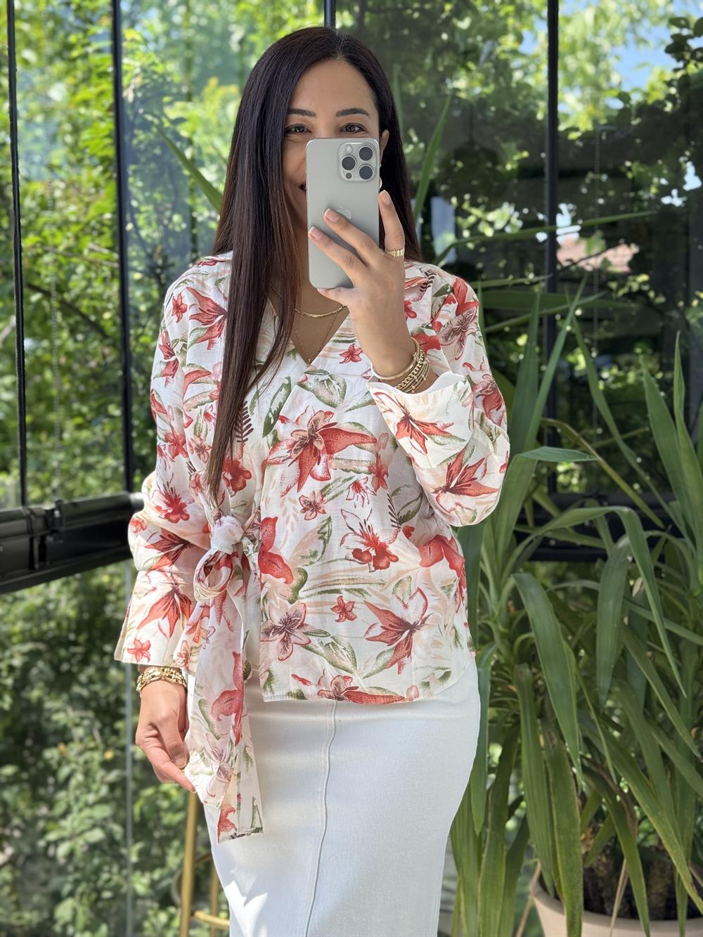 Çiçekli Kruvaze Bluz Mercan