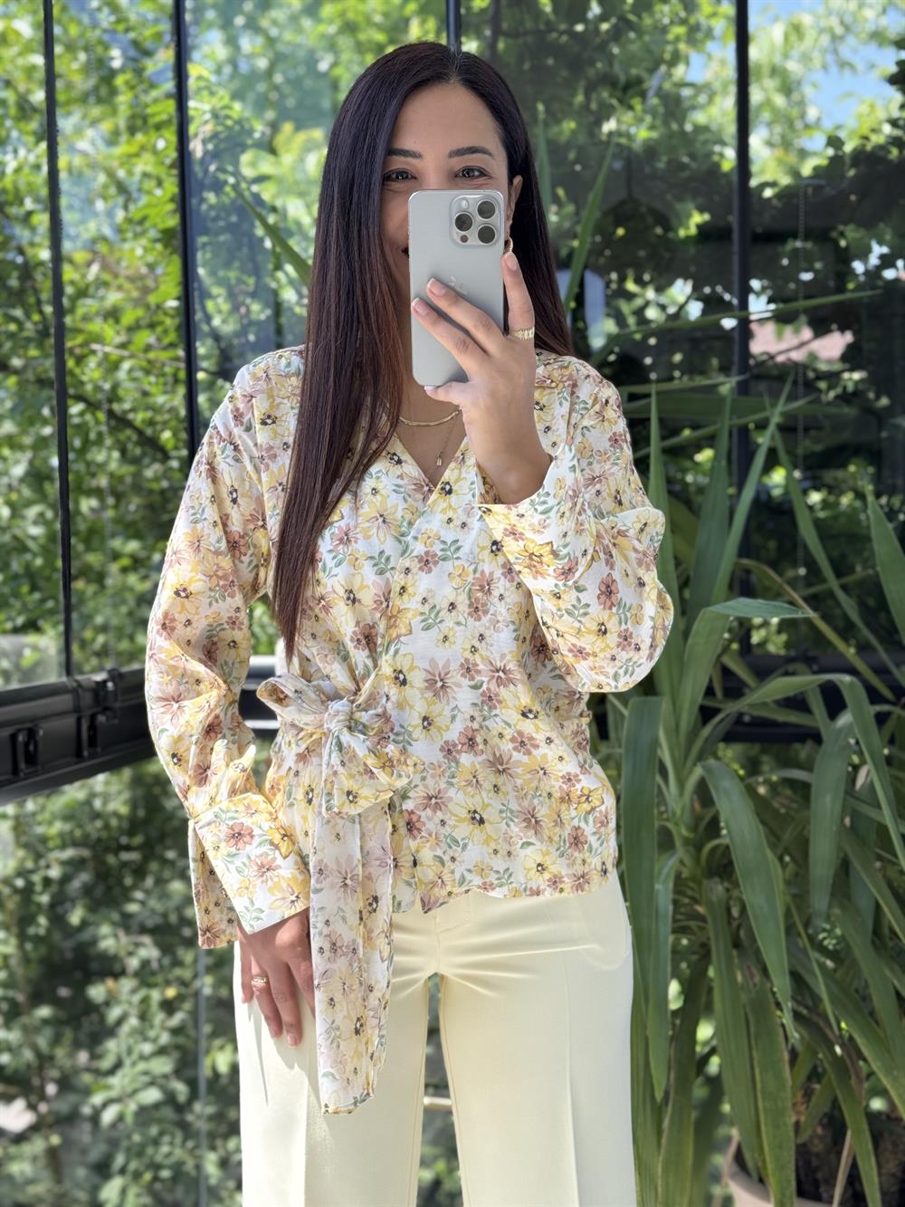 Çiçekli Kruvaze Bluz Sarı