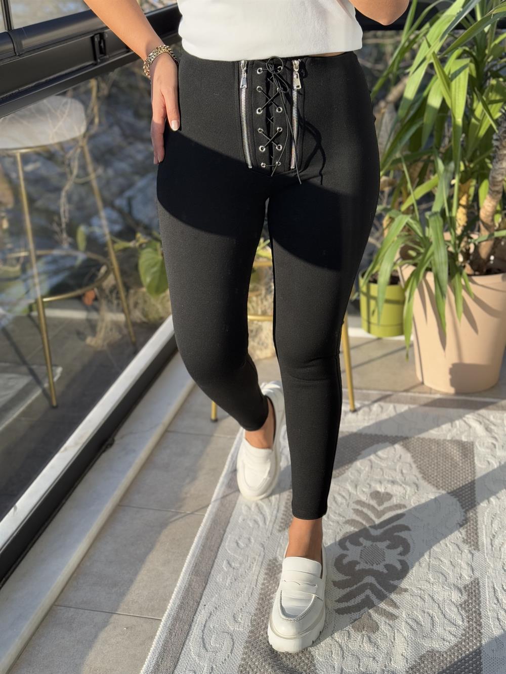 Çift Fermuarlı Bağcıklı Tayt Siyah