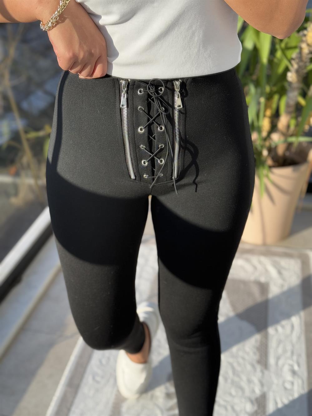 Çift Fermuarlı Bağcıklı Tayt Siyah