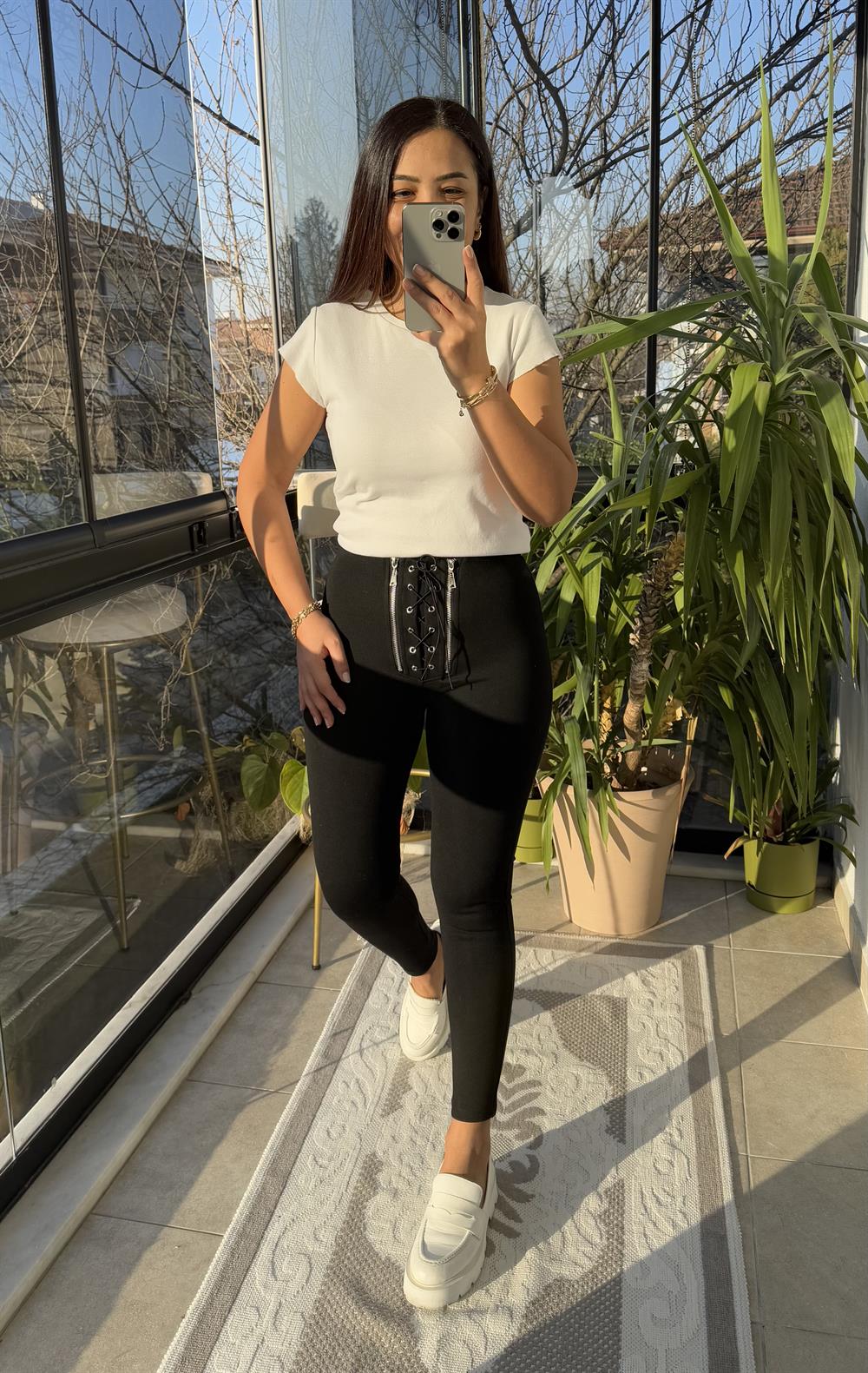 Çift Fermuarlı Bağcıklı Tayt Siyah