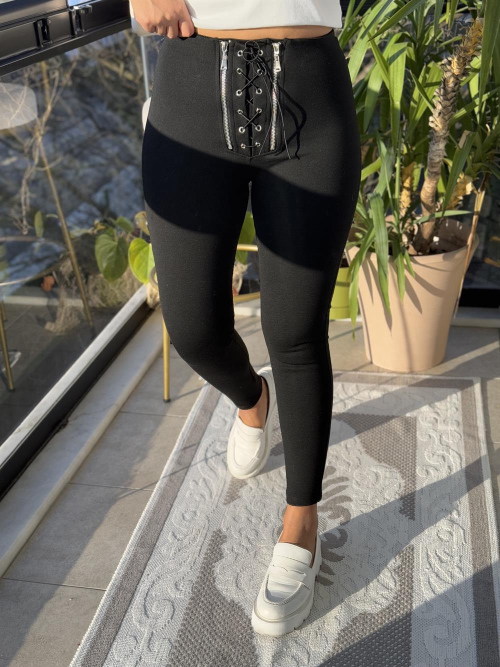 Çift Fermuarlı Bağcıklı Tayt Siyah