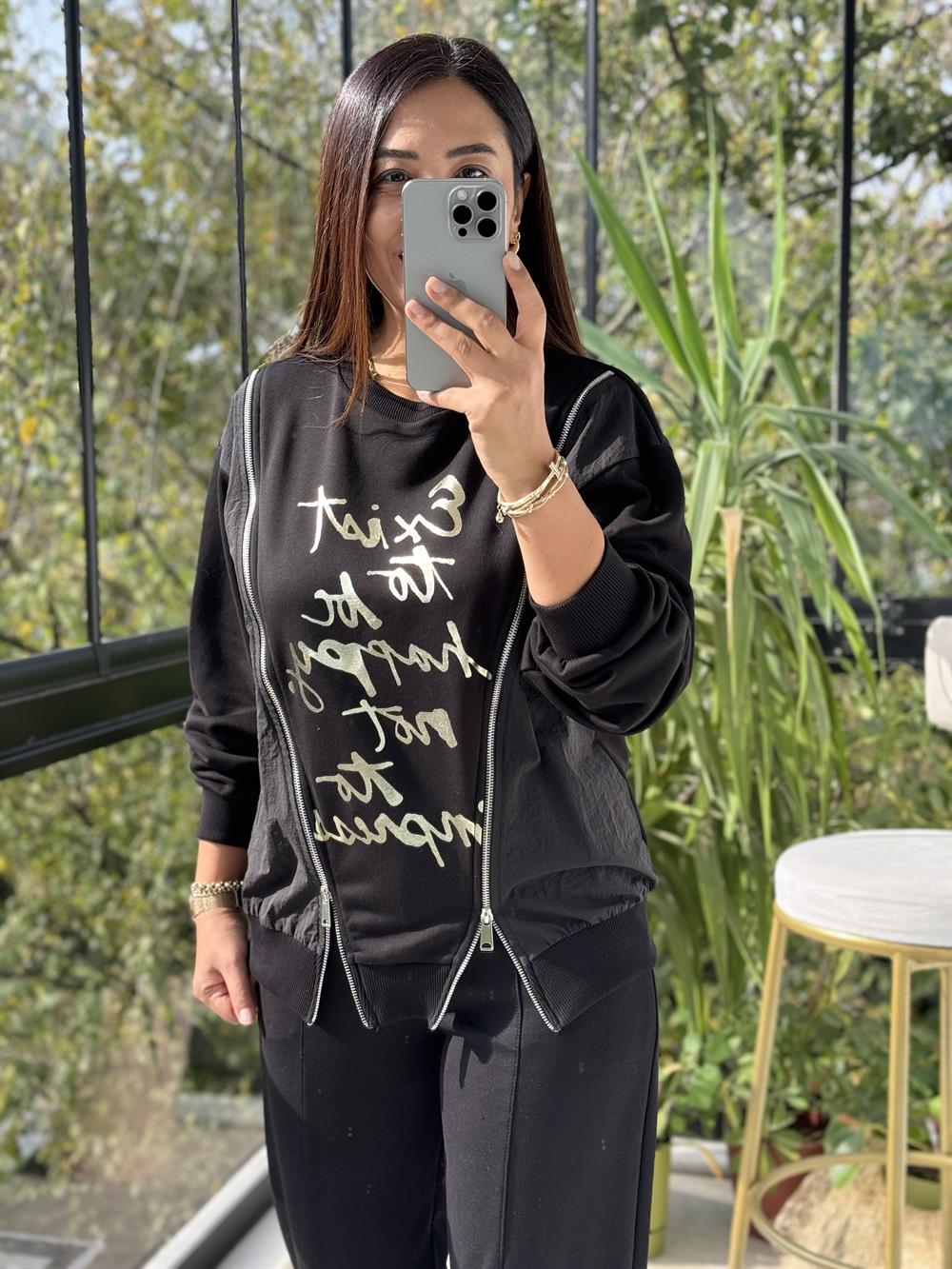 Çift Fermuarlı Sweatshirt Siyah