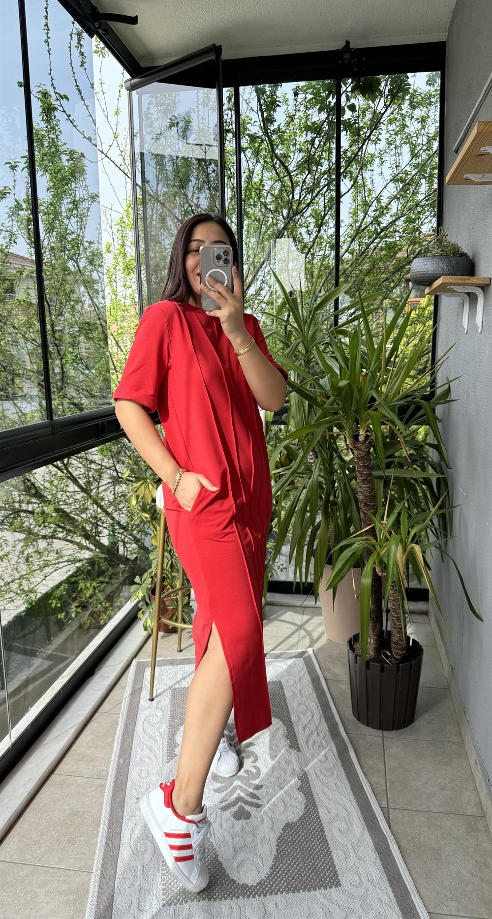 Çima Dikişli Penye Elbise Kırmızı