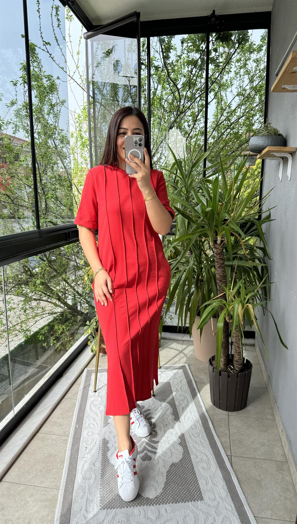 Çima Dikişli Penye Elbise Kırmızı