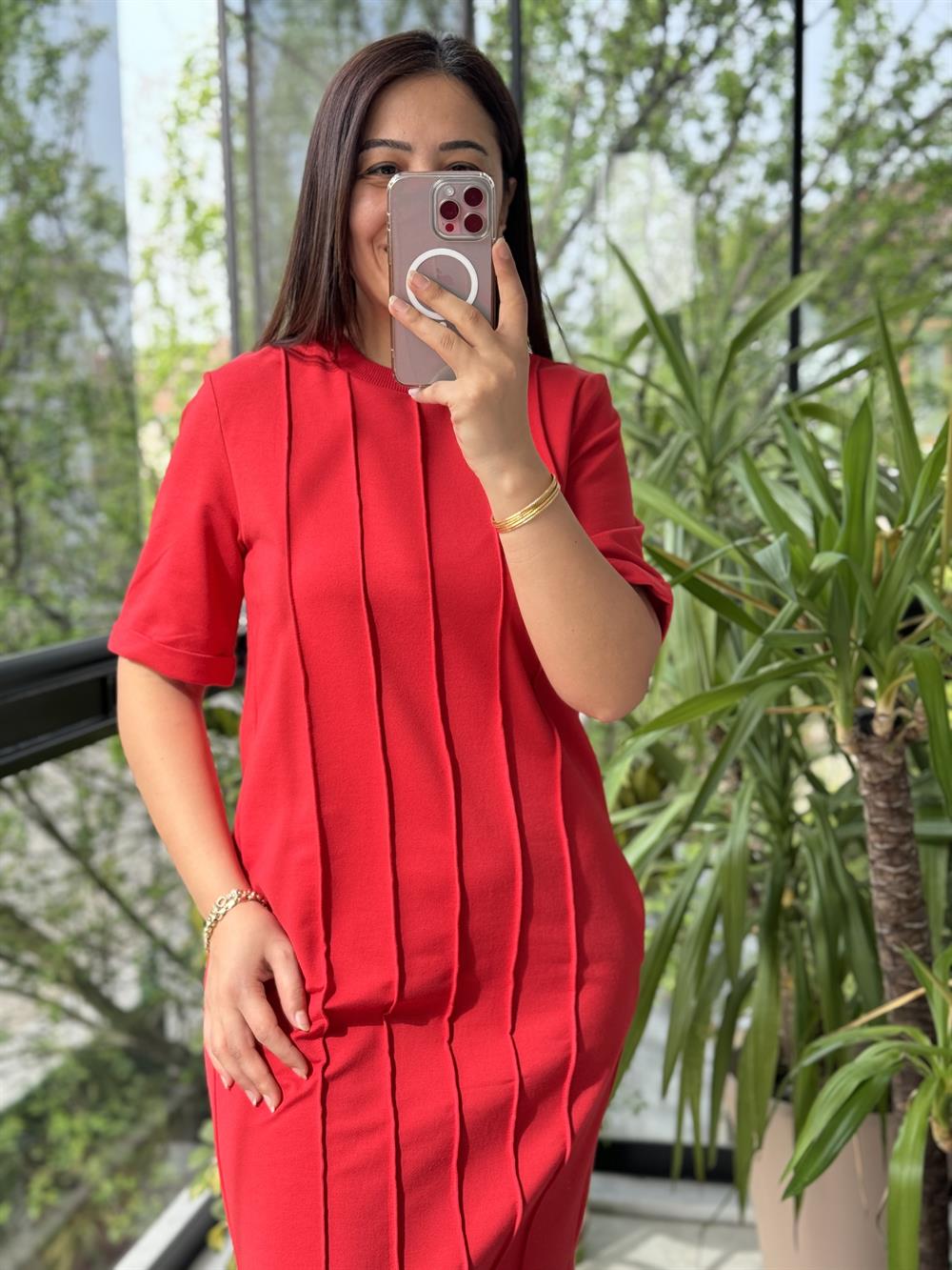 Çima Dikişli Penye Elbise Kırmızı