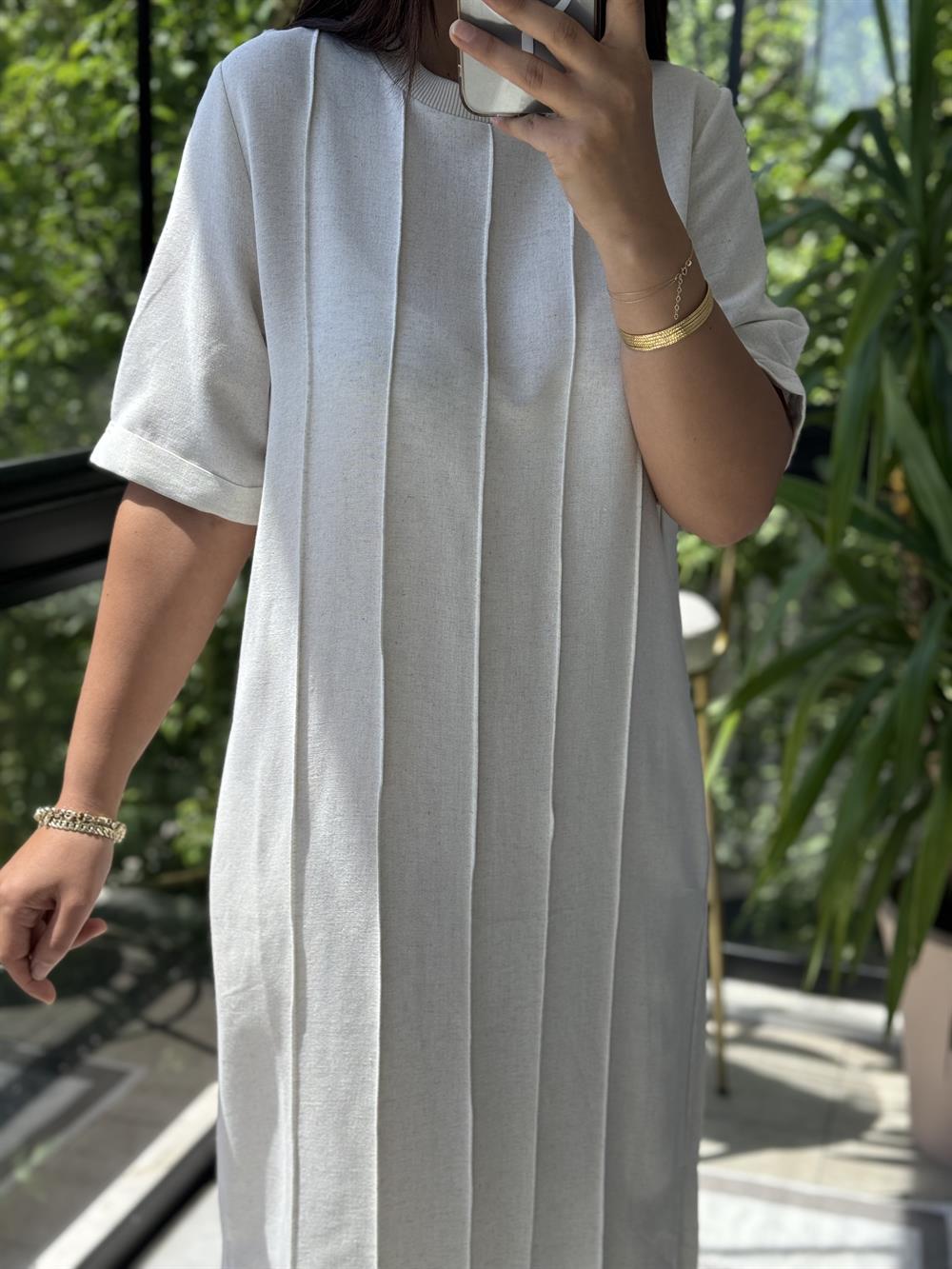 Çima Dikişli Keten Elbise Krem