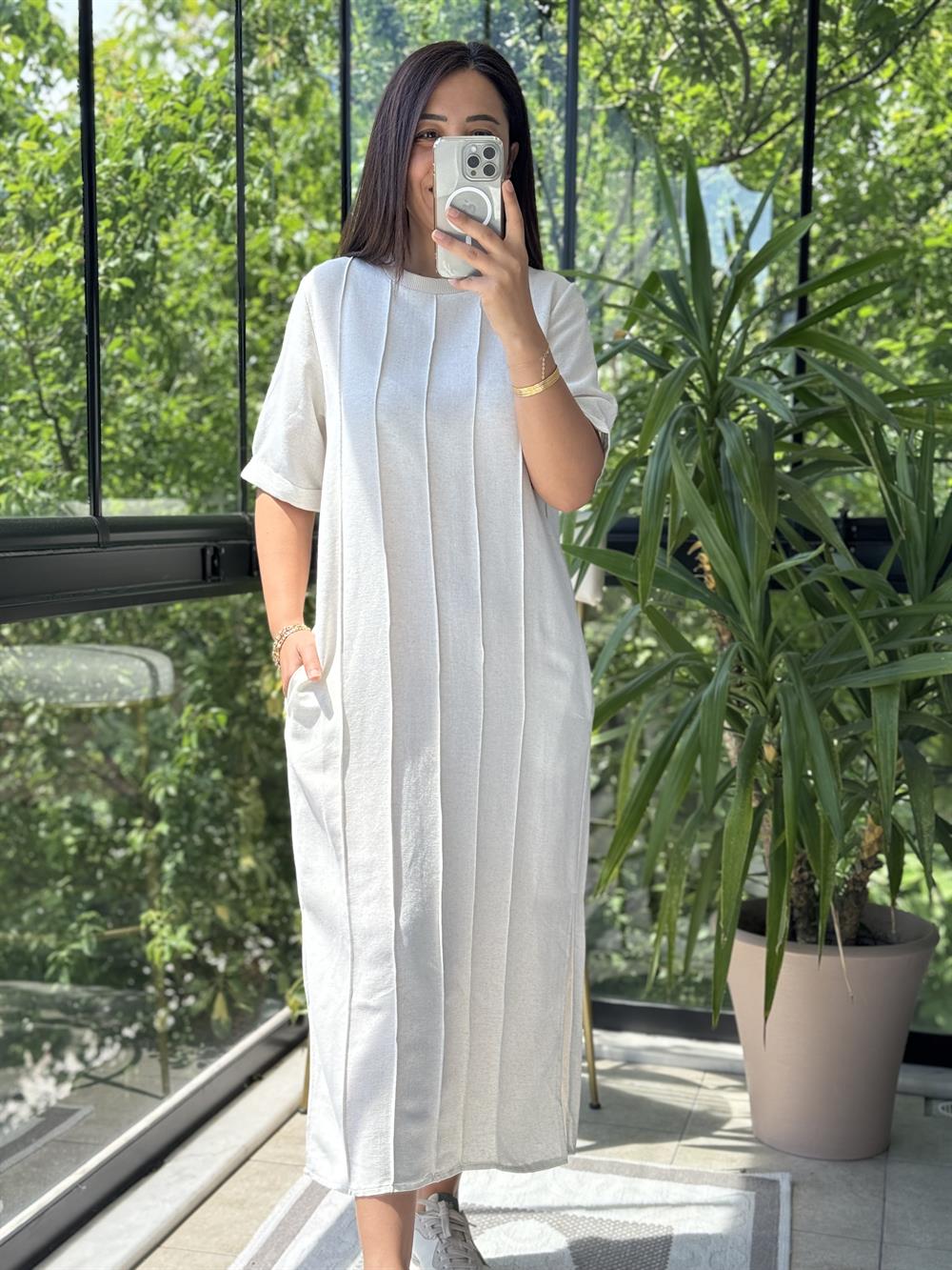 Çima Dikişli Keten Elbise Krem