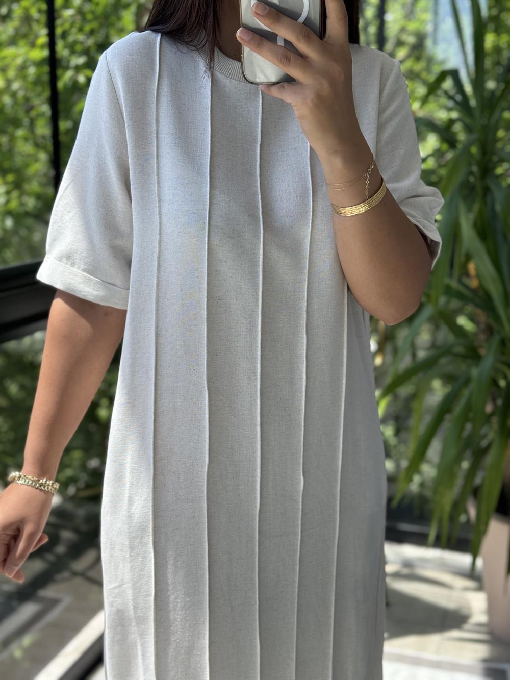 Çima Dikişli Keten Elbise Krem