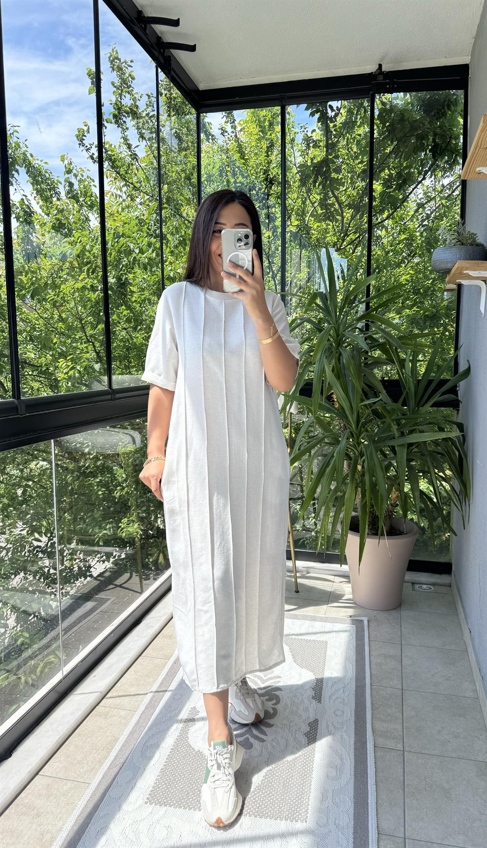 Çima Dikişli Keten Elbise Krem