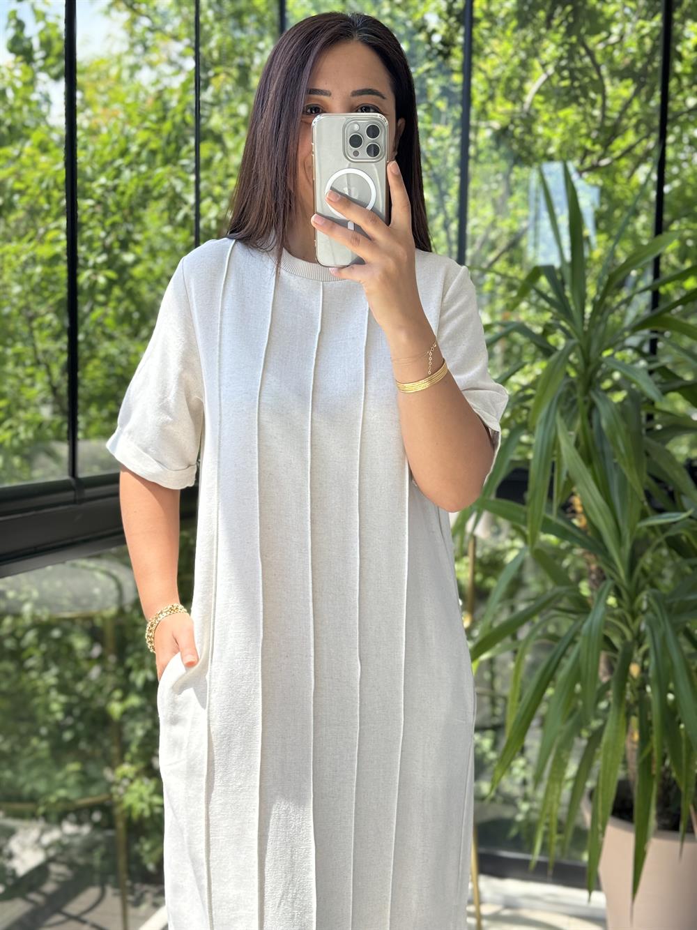 Çima Dikişli Keten Elbise Krem