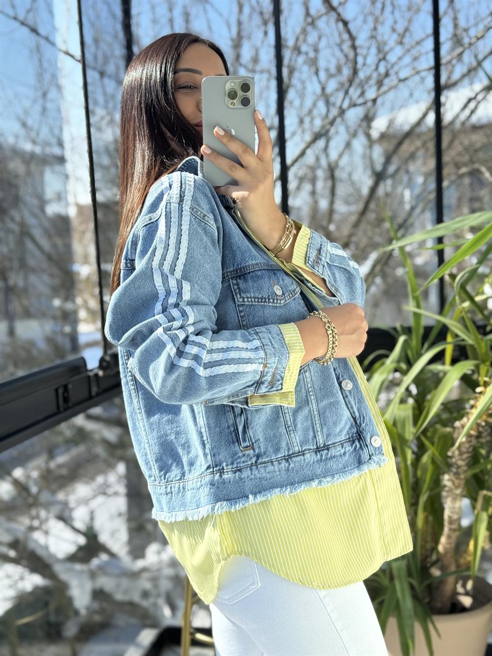 Çizgili Mix Kot Ceket Yağmurluk Fıstık Yeşili