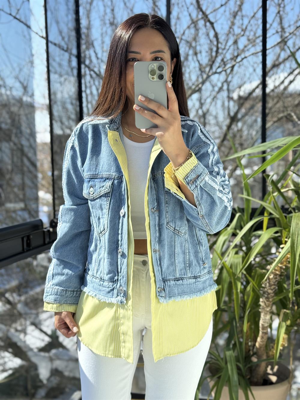 Çizgili Mix Kot Ceket Yağmurluk Fıstık Yeşili