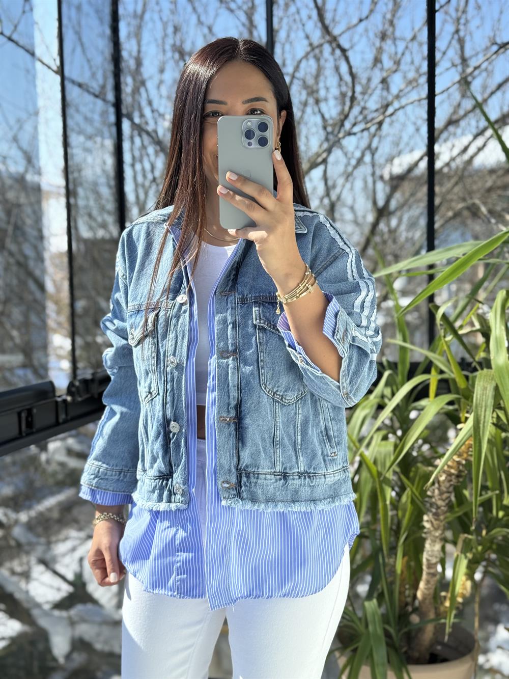 Çizgili Mix Kot Ceket Yağmurluk Mavi