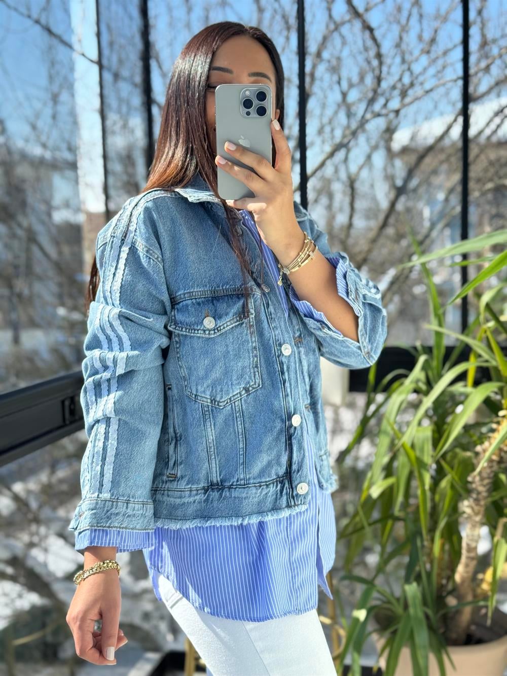 Çizgili Mix Kot Ceket Yağmurluk Mavi