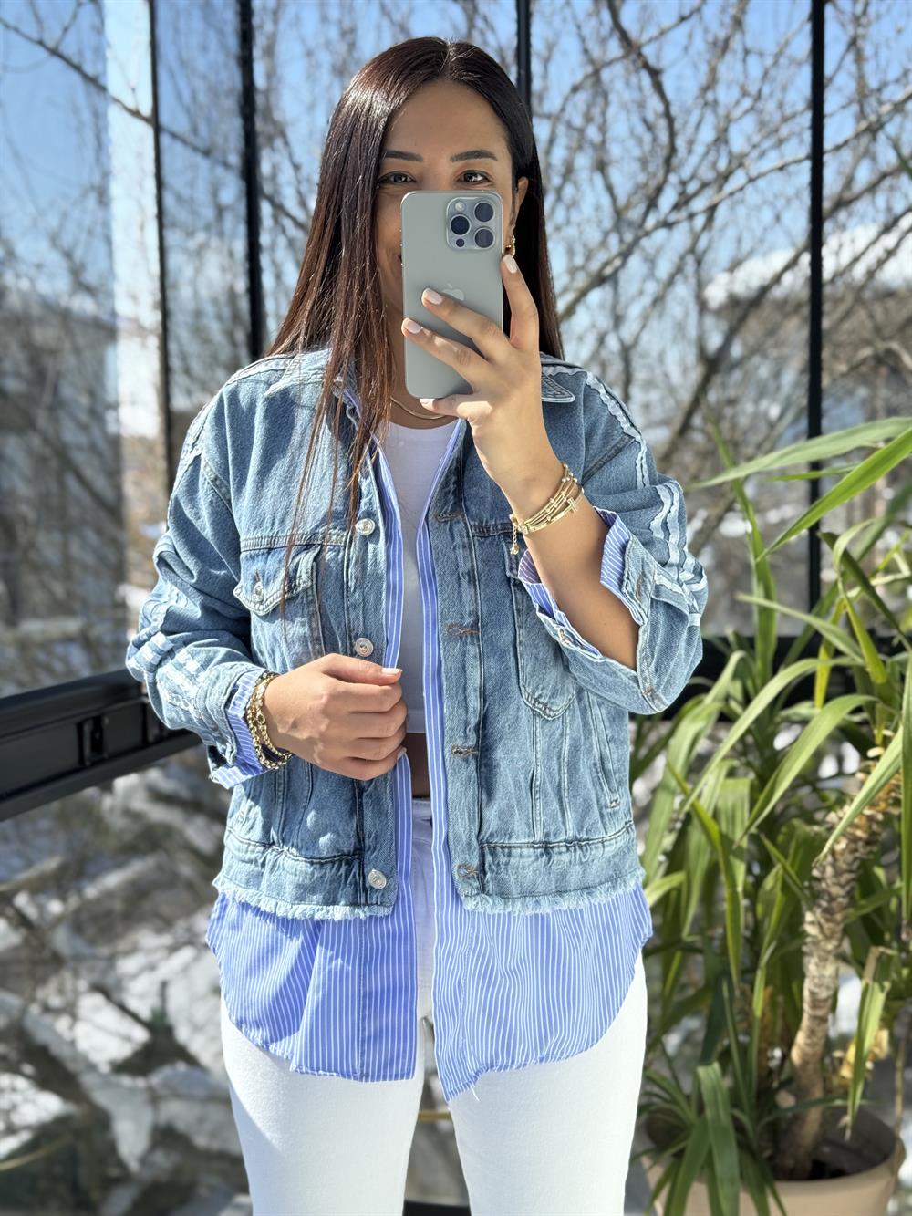 Çizgili Mix Kot Ceket Yağmurluk Mavi