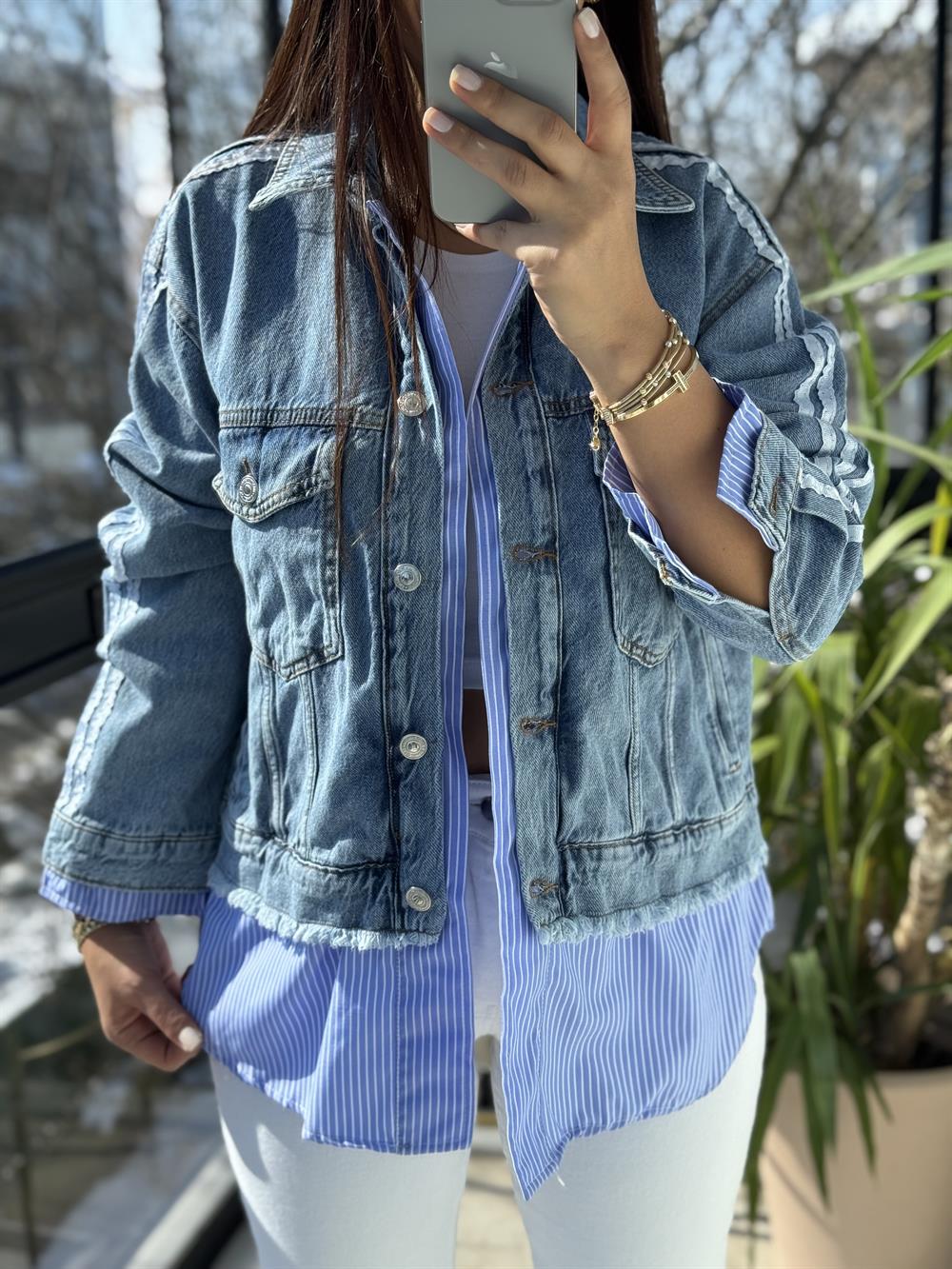 Çizgili Mix Kot Ceket Yağmurluk Mavi