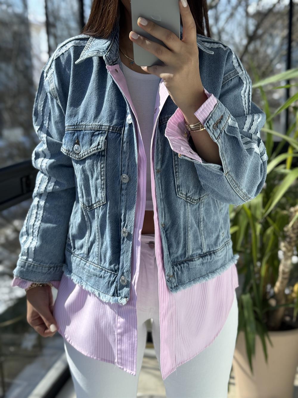 Çizgili Mix Kot Ceket Yağmurluk Pembe