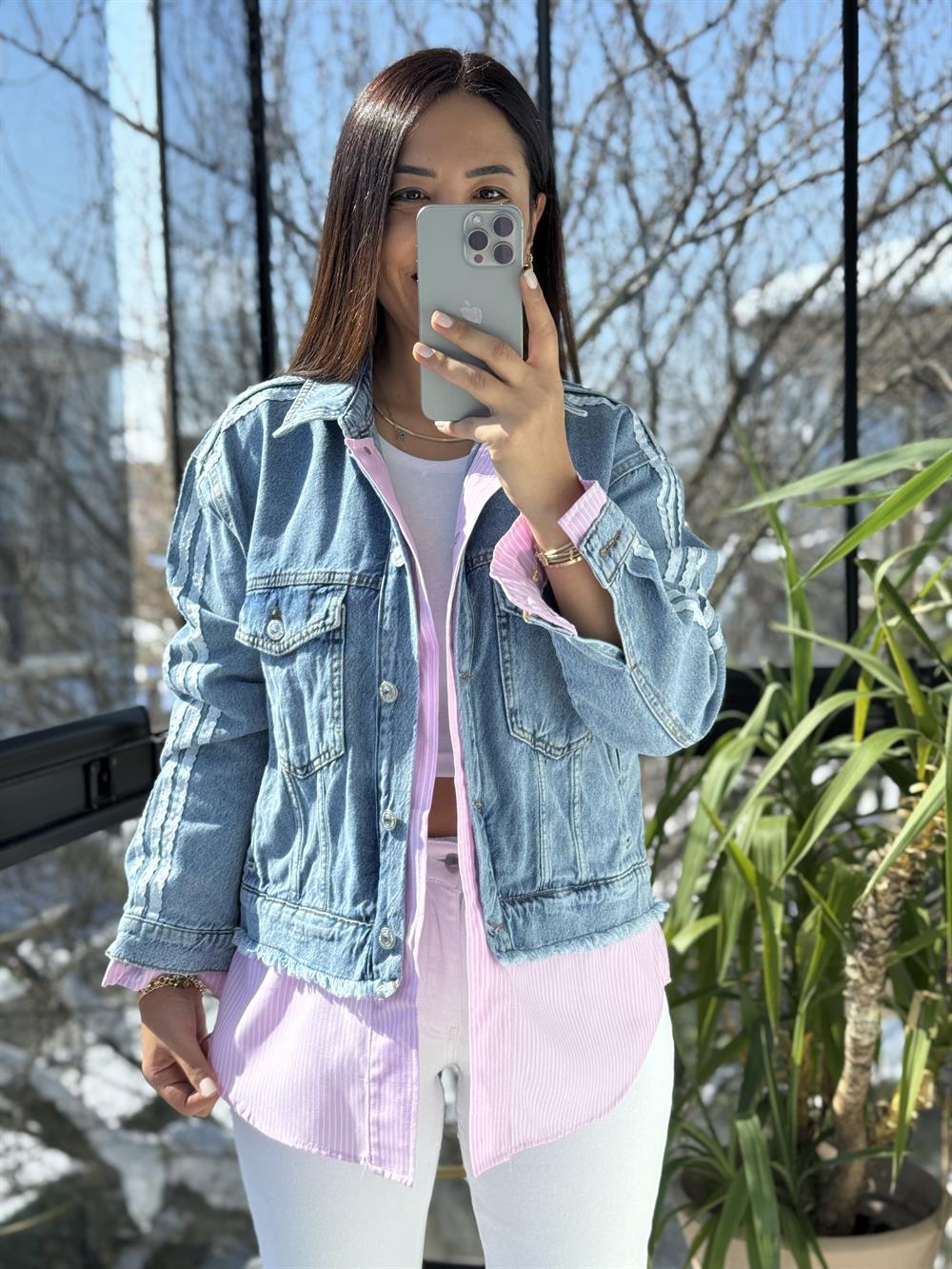 Çizgili Mix Kot Ceket Yağmurluk Pembe