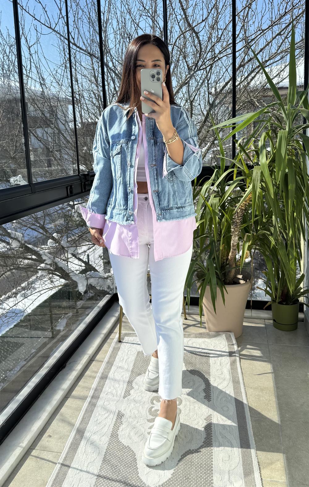 Çizgili Mix Kot Ceket Yağmurluk Pembe