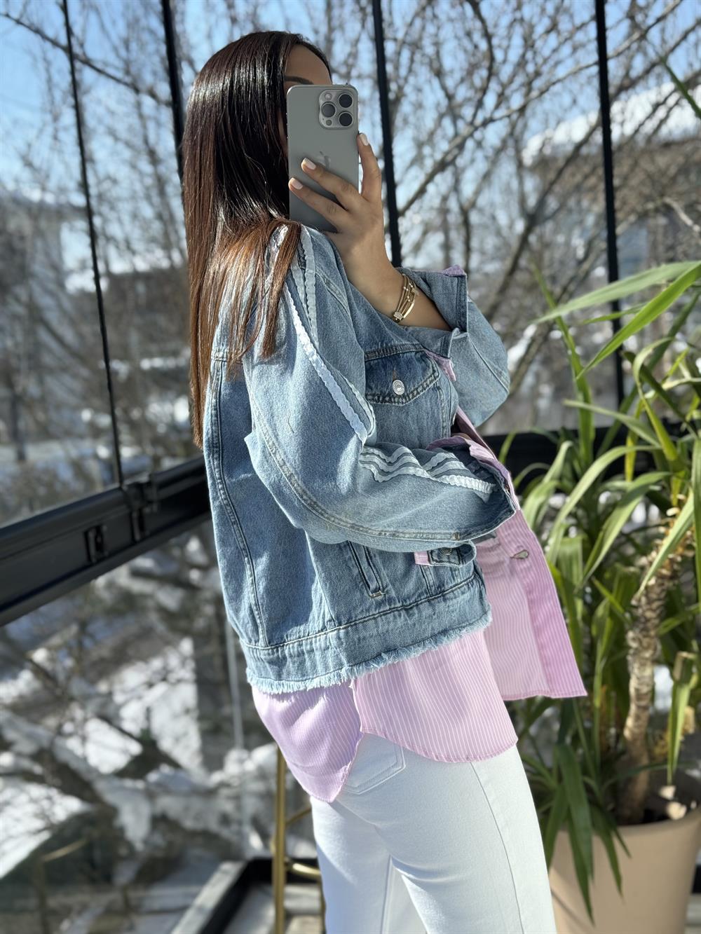 Çizgili Mix Kot Ceket Yağmurluk Pembe