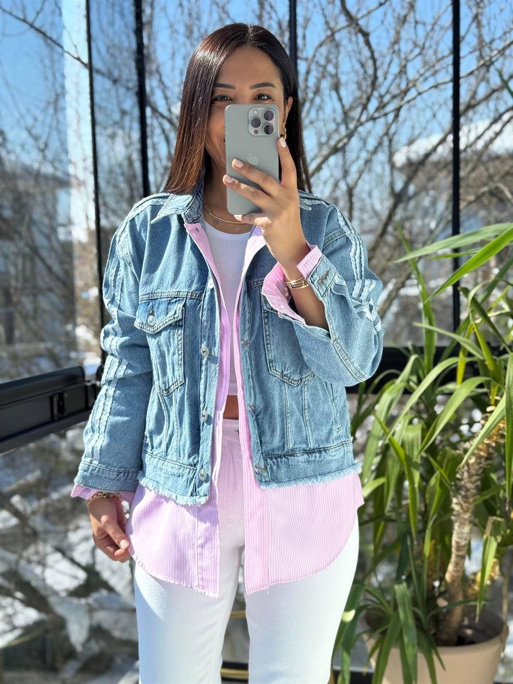 Çizgili Mix Kot Ceket Yağmurluk Pembe