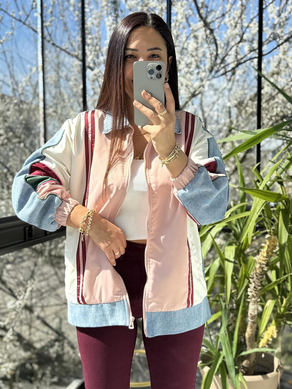 ColorBlock Bomber Ceket Pudra