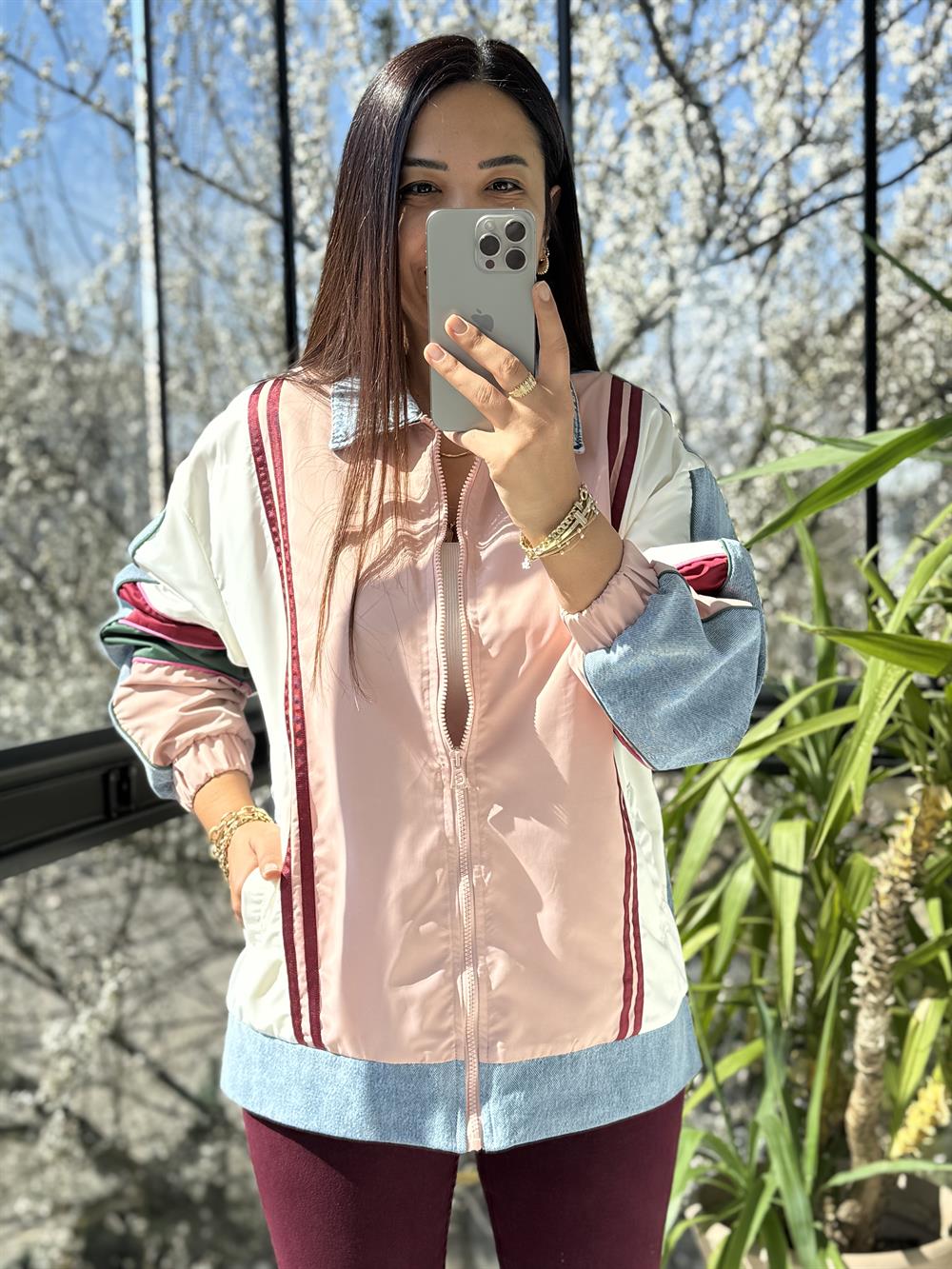 ColorBlock Bomber Ceket Pudra