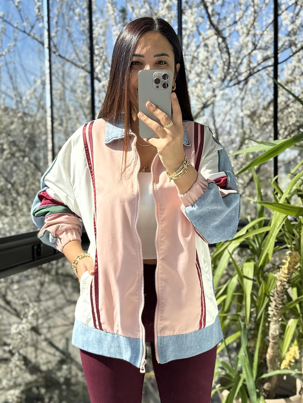 ColorBlock Bomber Ceket Pudra