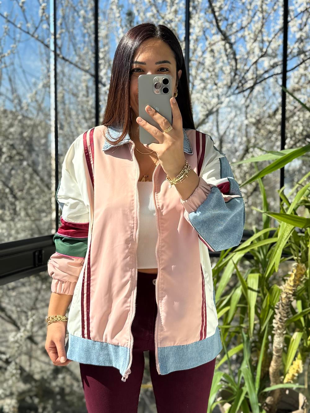 ColorBlock Bomber Ceket Pudra