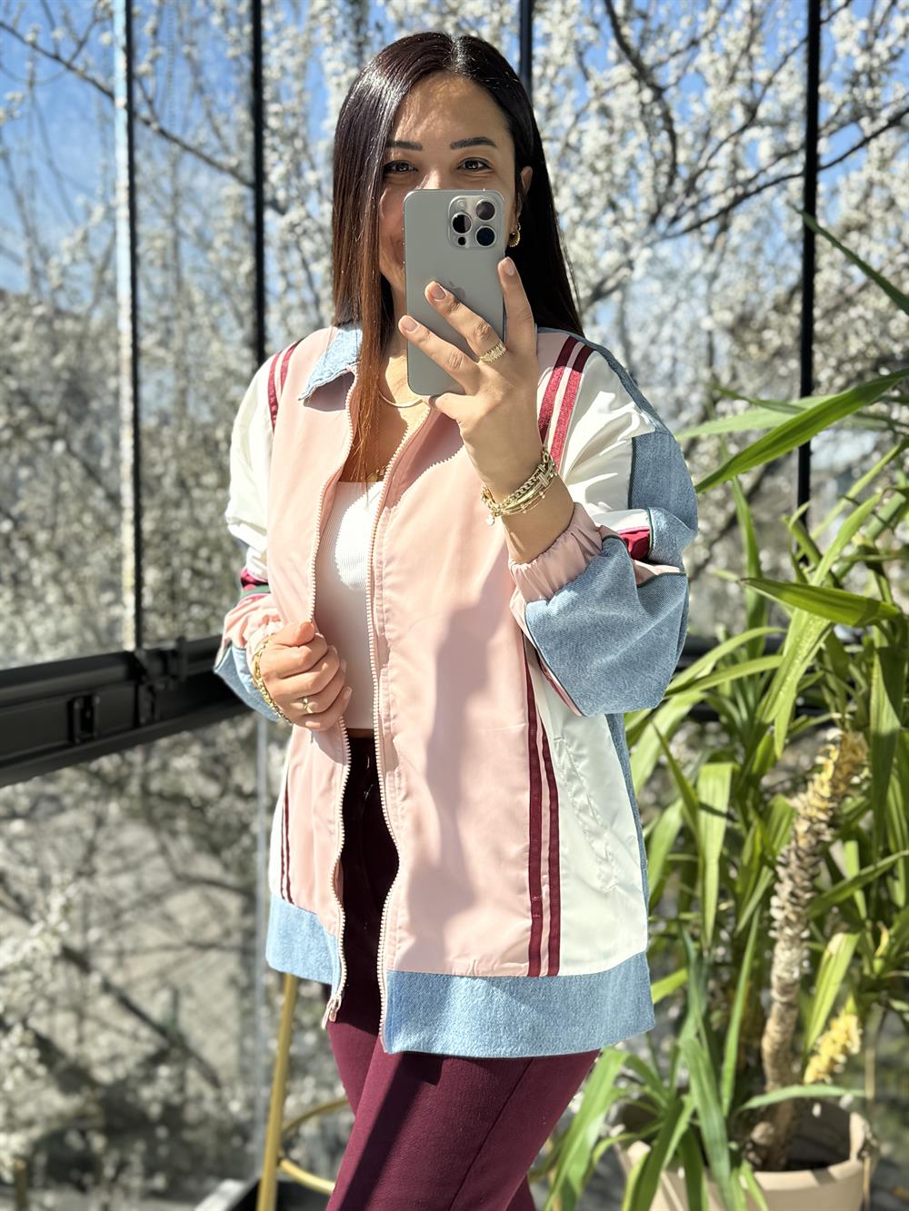 ColorBlock Bomber Ceket Pudra