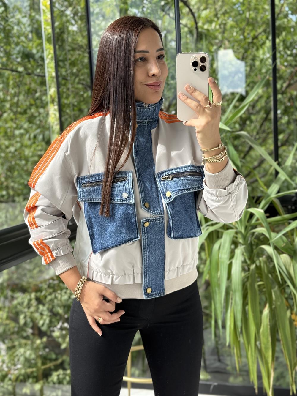 Crop Çizgili Ceket Taş