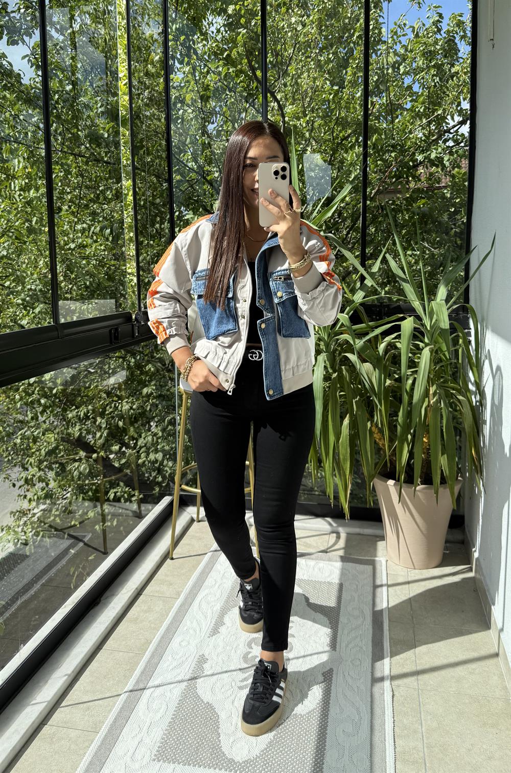 Crop Çizgili Ceket Taş