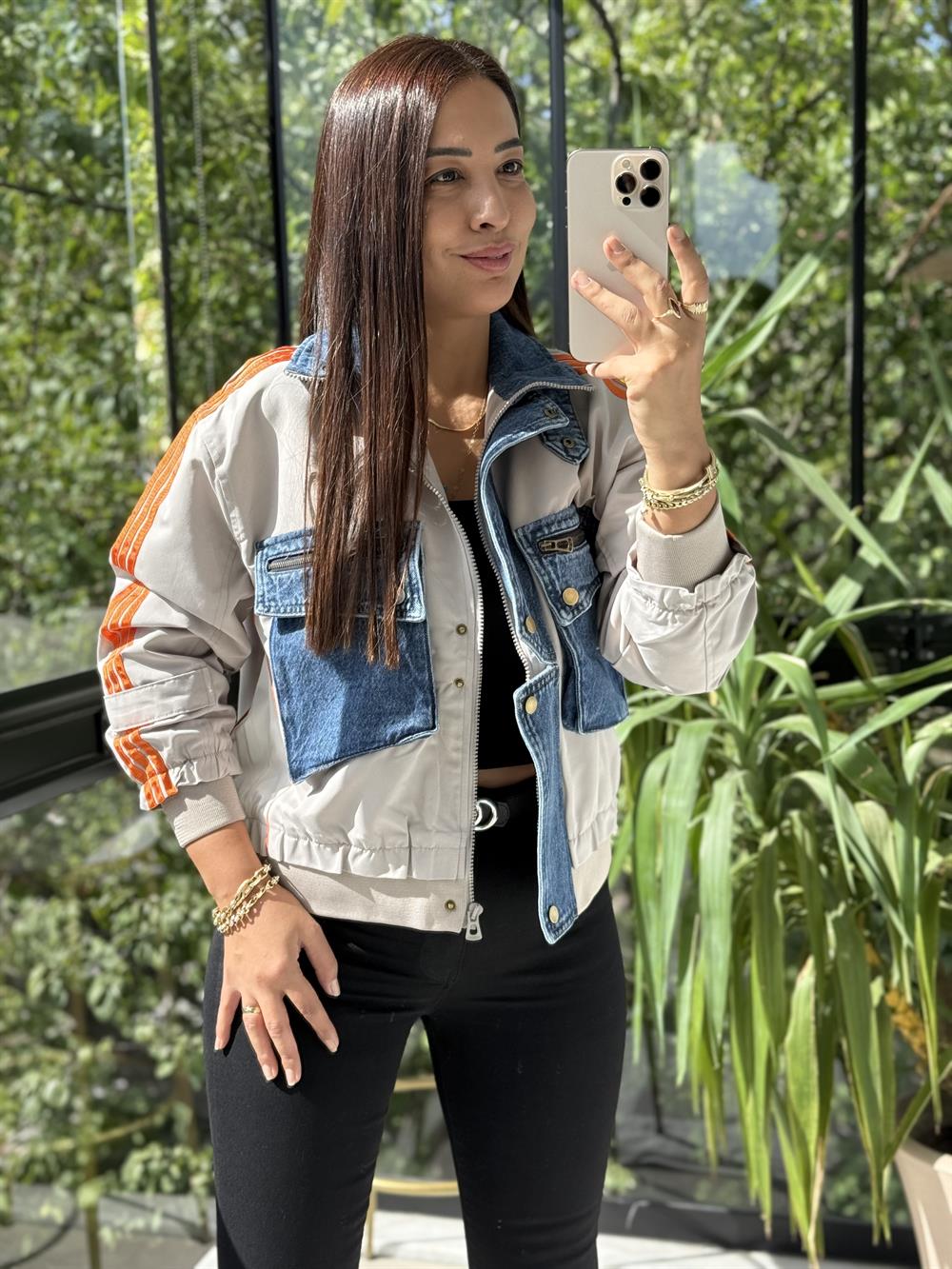 Crop Çizgili Ceket Taş