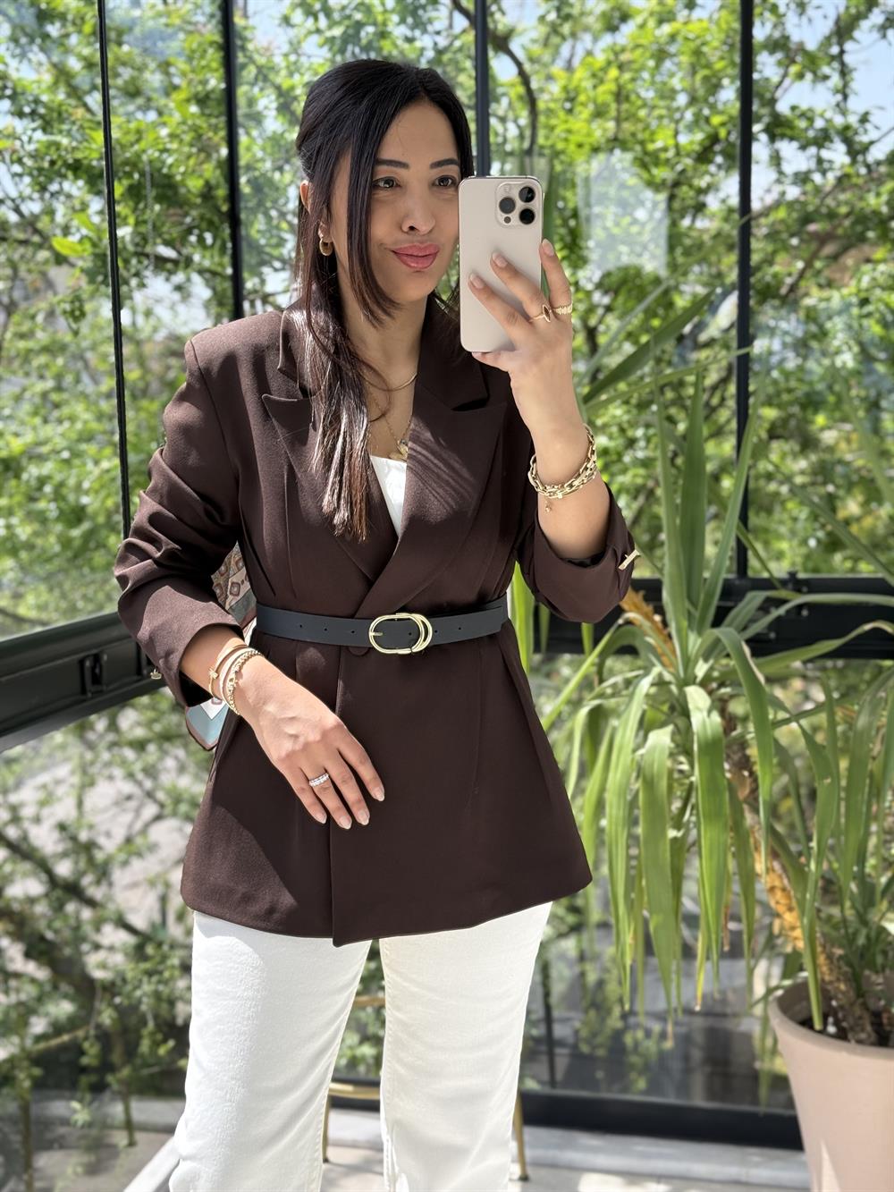 Çift Pileli Şallı Ceket Kahve