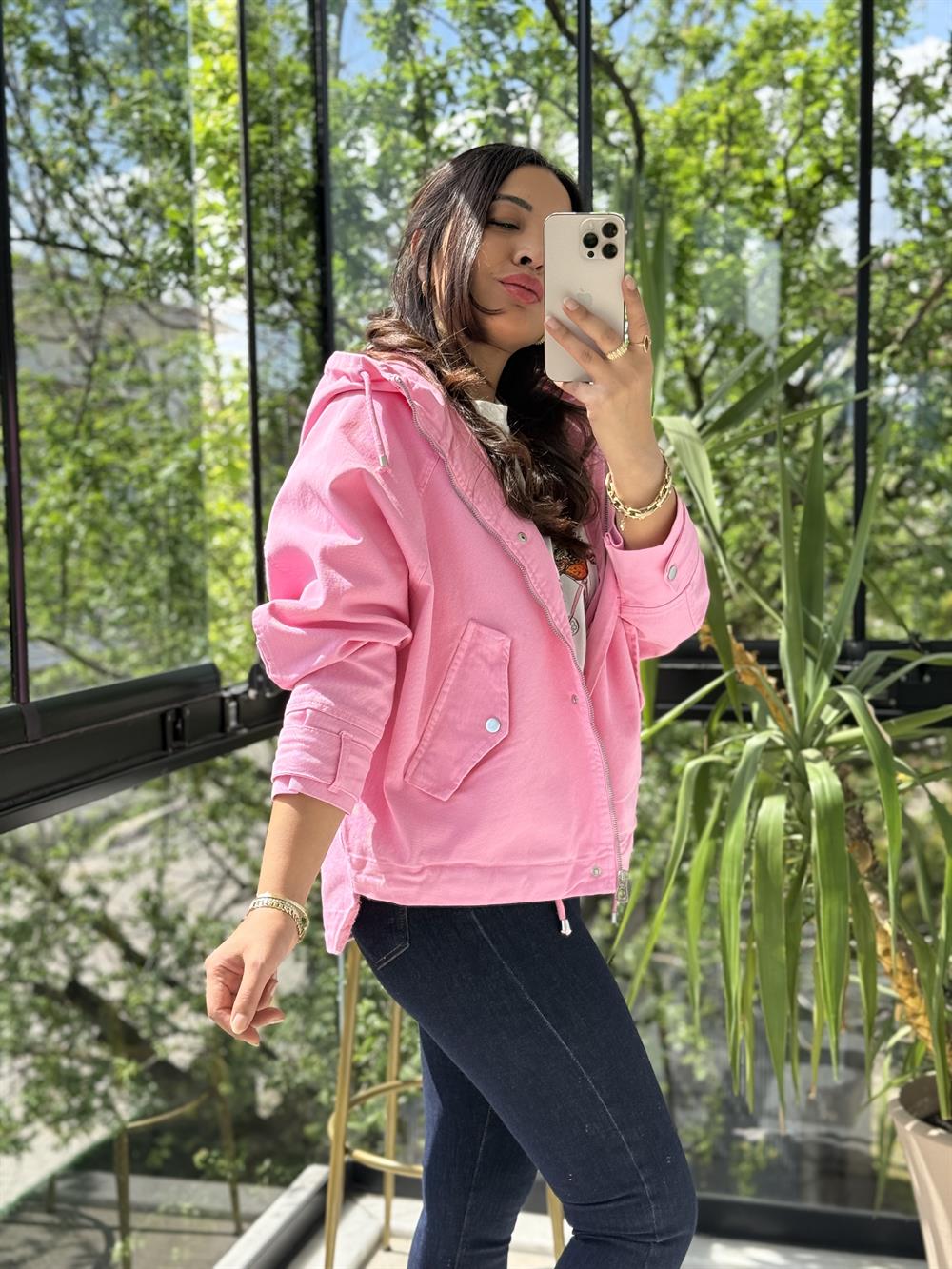 Oversize Kapuşonlu Ceket Pembe