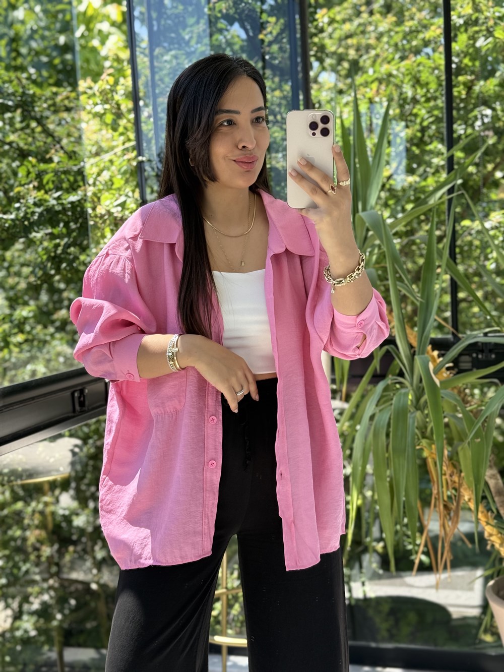 Düşük Omuz Basic Gömlek Pembe