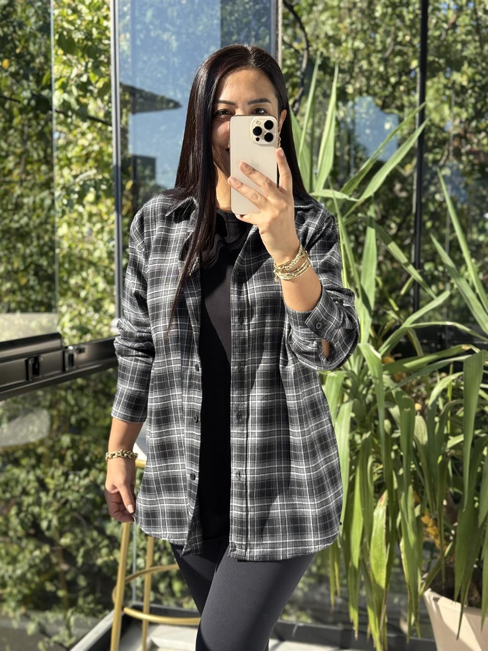 Ekoseli Oversize Gömlek Antrasit