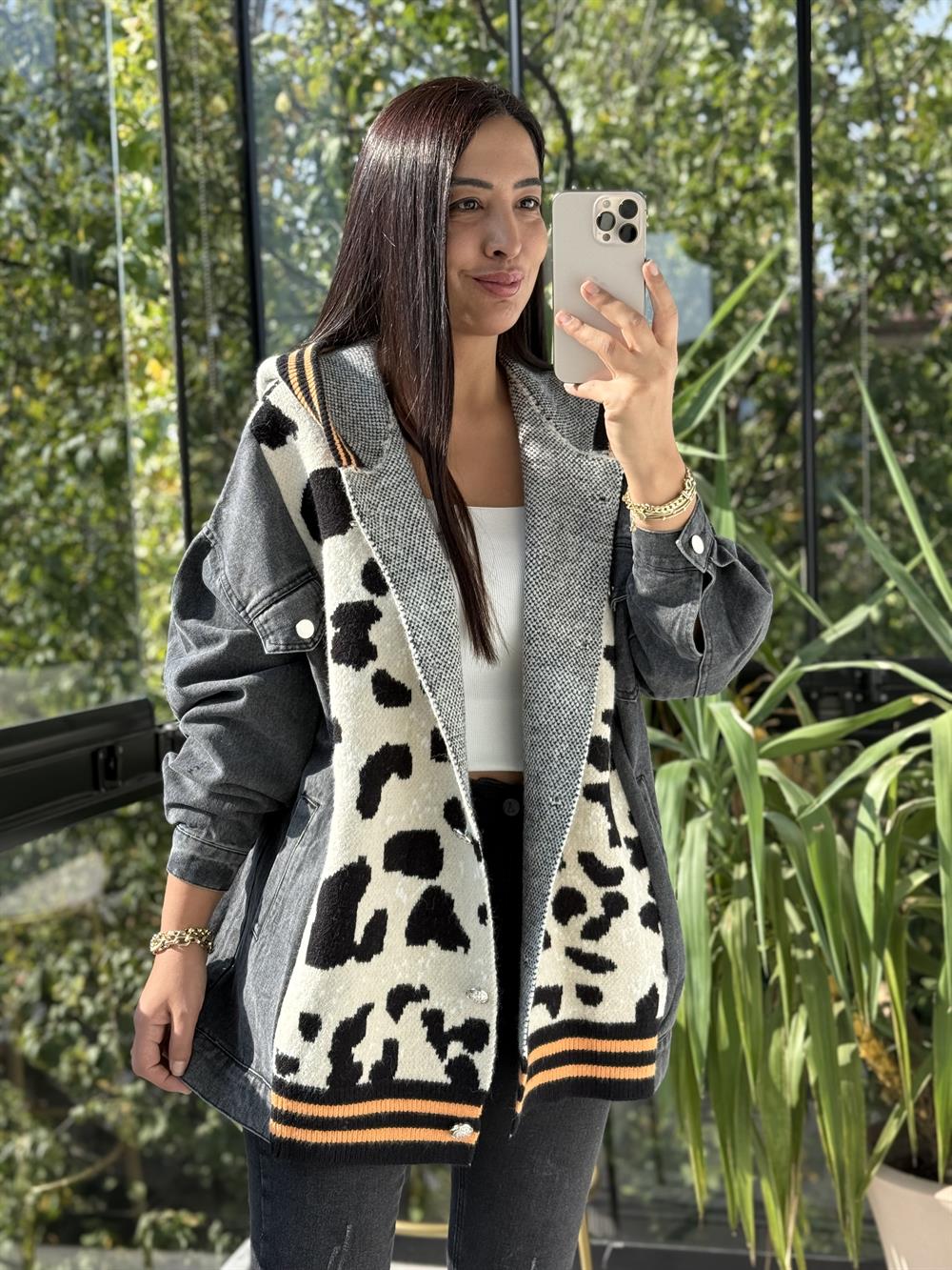 Yanları Kot Detaylı Leopar Hırka Ekru