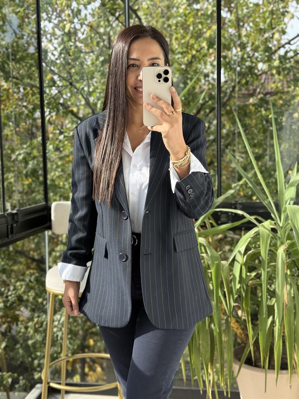 İki Düğmeli Çizgili Yün Blazer Ceket Lacivert