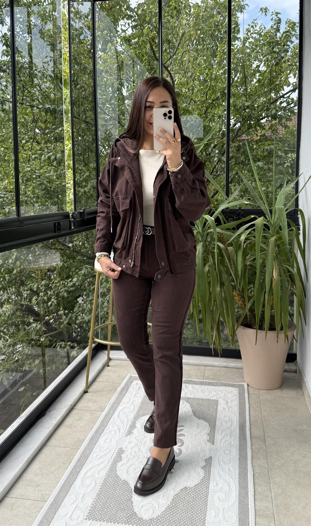 Kapüşonlu Kot Ceket Kahve