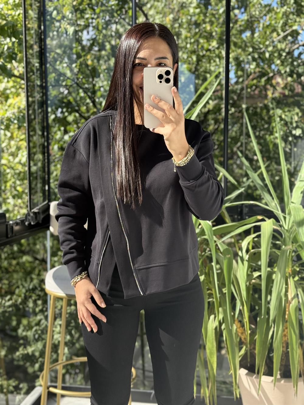 Asimetrik fermuarlı Sweathirt Siyah