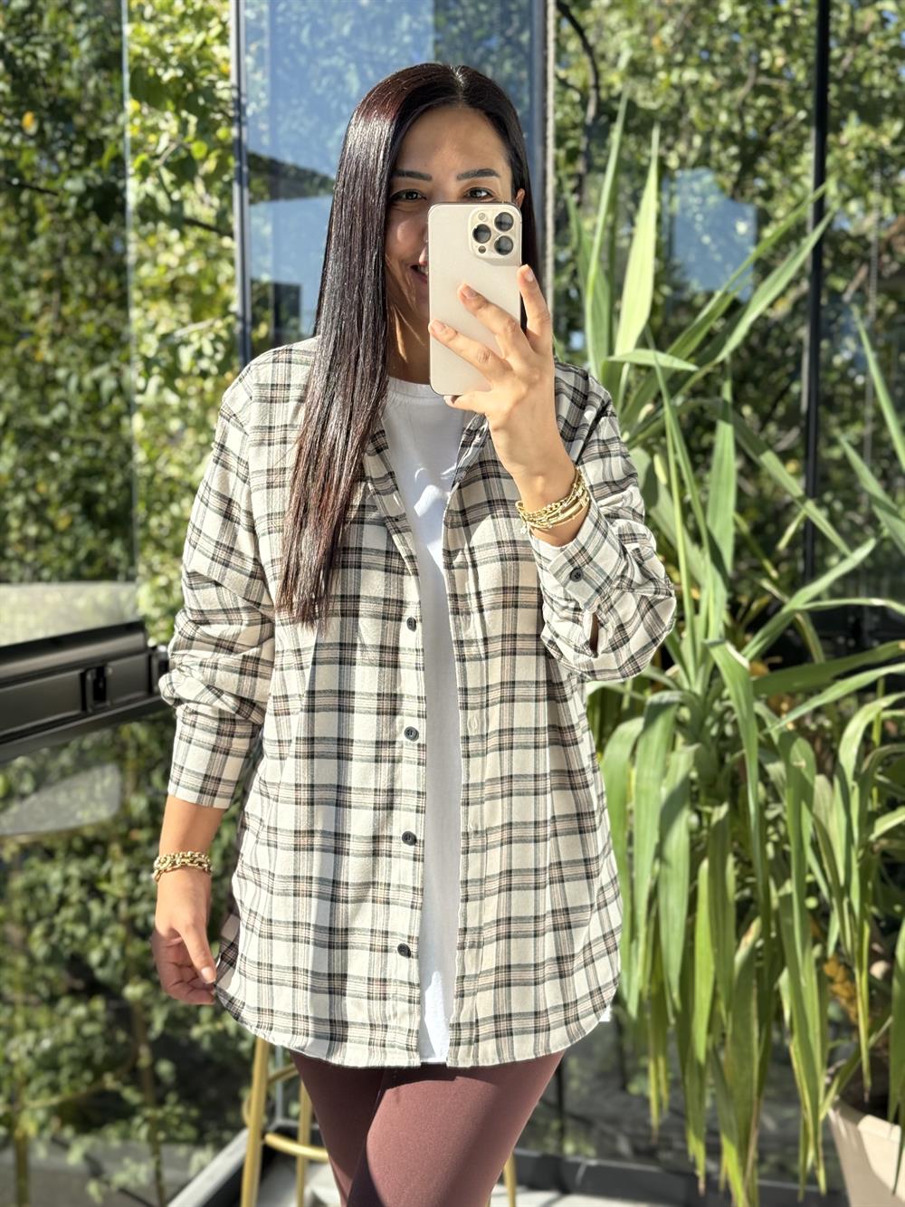 Ekoseli Oversize Gömlek Bej