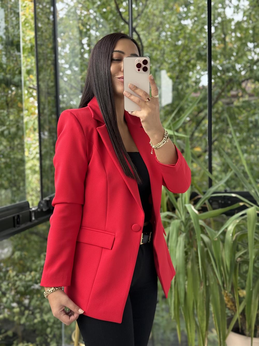 Tek Düğme Blazer Ceket Kırmızı