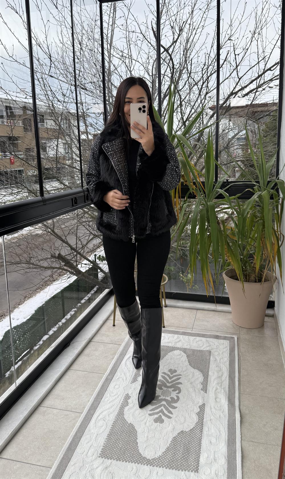 İthal Payetli Mont Siyah